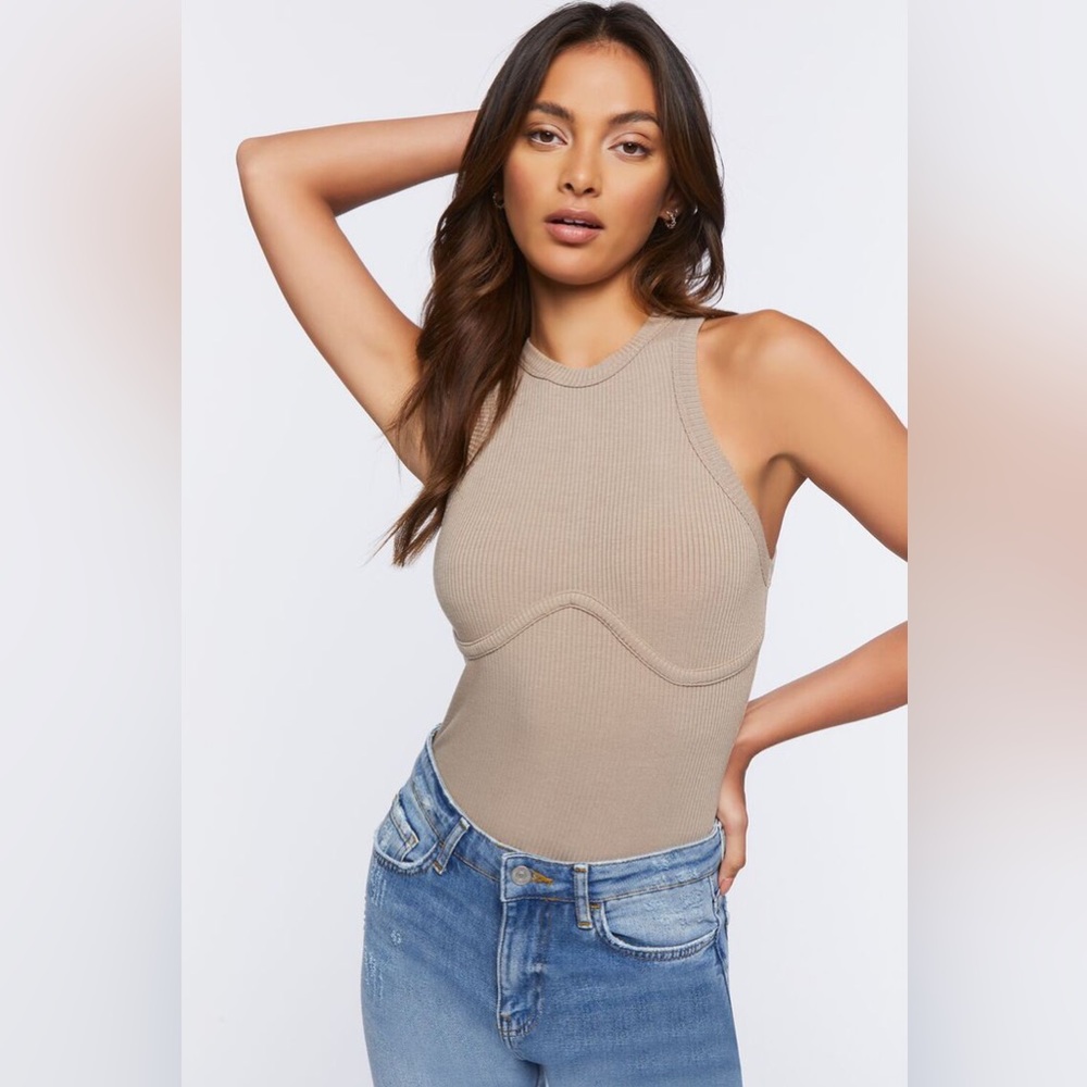 NWT ribbed sleeveless bodysuit in taupe size L
